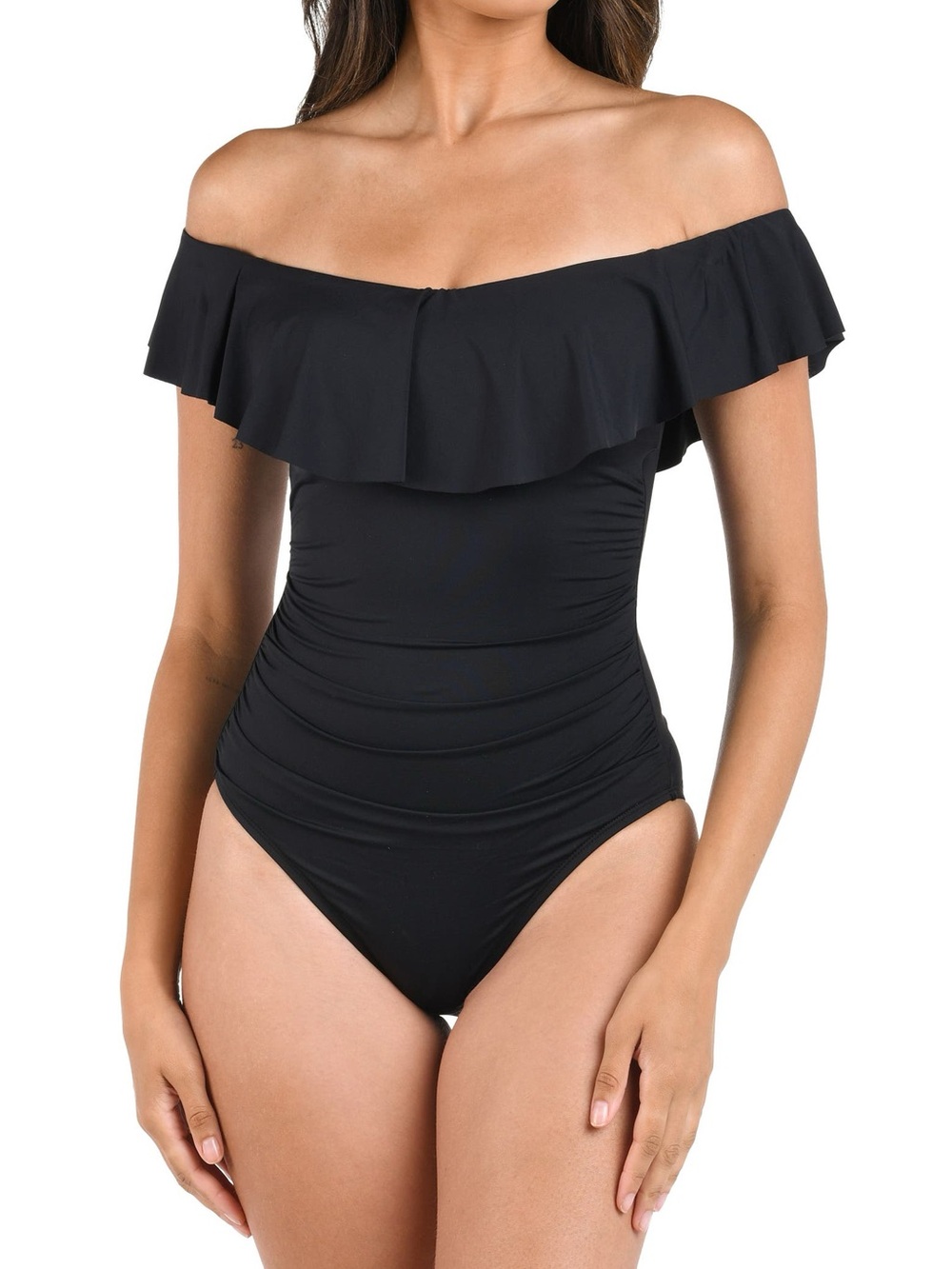 La Blanca Black Off-Shoulder Ruched Ruffle One-Piece Swimsuit Miracle Suit 16